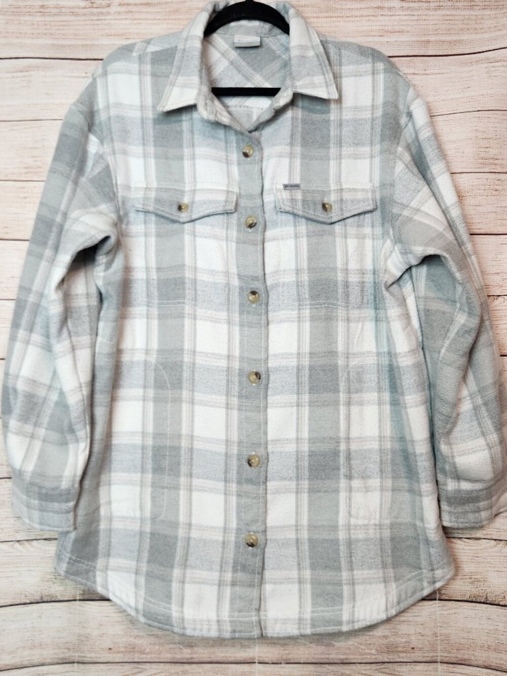 Columbia Women's XL Calico Basin Shirt Jacket Shacket Pockets Gray Plaid Flannel